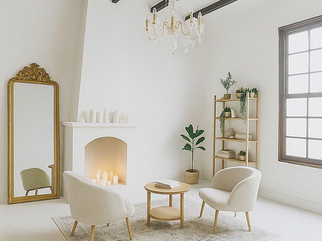 Sala blanca chimenea ático Harry Potter