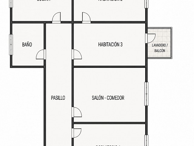 Plano de la vivienda con distribución de cocina, baño y tres habitaciones